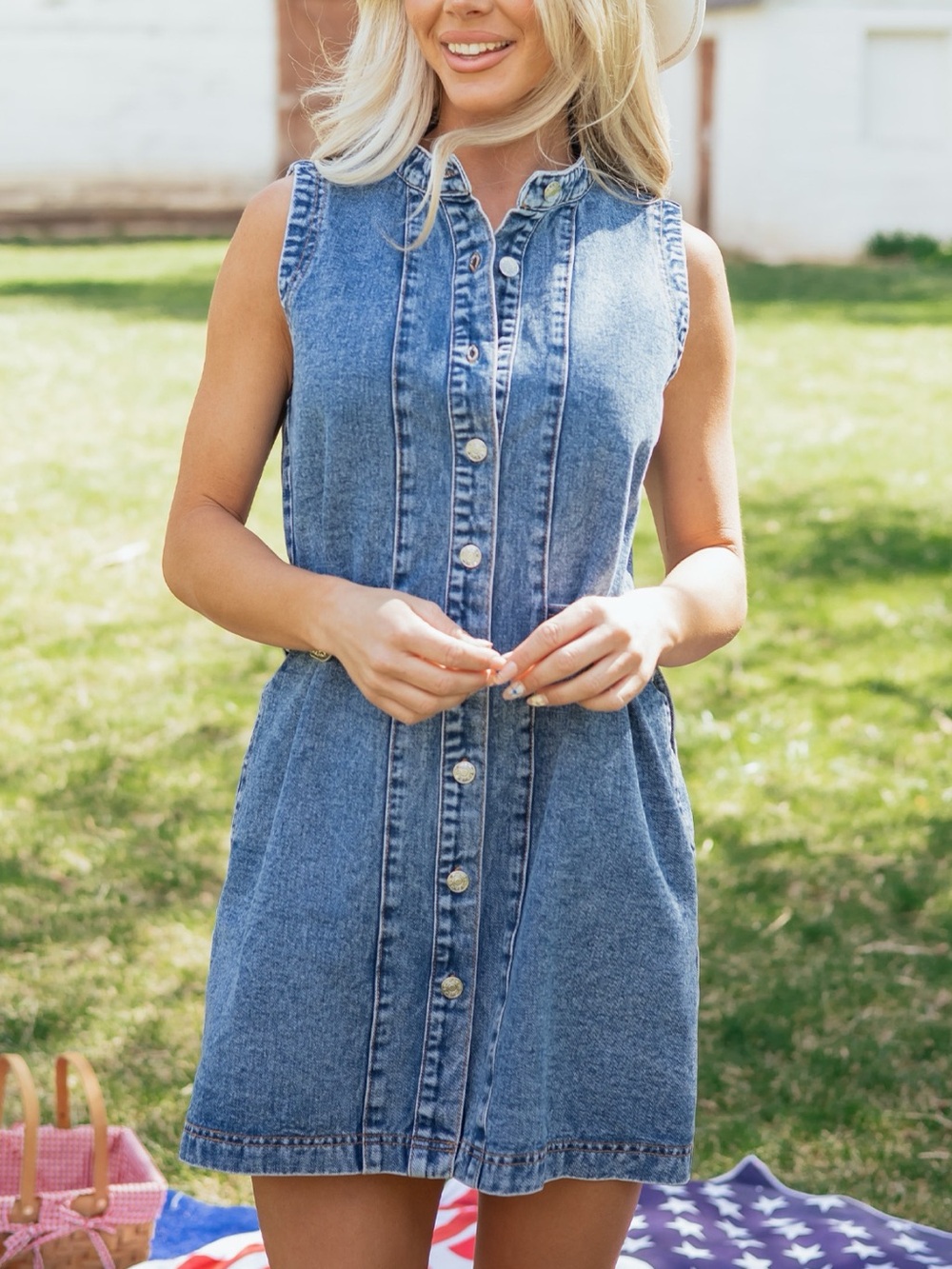 🩵Hello Gorgeous! Western Belt Button Down Sleeveless Denim Mini Dress - Picture 6 of 11